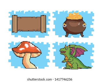 set of parchment message with coins inside cauldron and fungus with dragon
