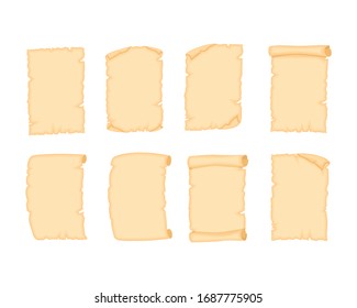 Set of Parchment old paper sheets of various shapes vector illustration isolated on white background.