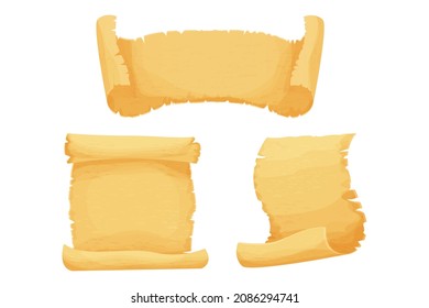 Set Parchment paper, scroll papyrus, empty frame, blank in cartoon style detailed isolated on white background stock vector illustration. Textured ui asset, medieval, antique element.
