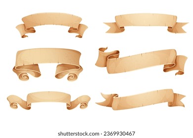 Set Parchment paper scroll ribbon, old vintage banner game ui element in cartoon style isolated on white background.