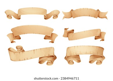 Set Parchment paper scroll ribbon, old vintage banner game ui element in cartoon style isolated on white background.