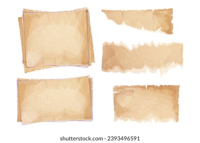 Set parchment paper, torn pieces, old sheets in cartoon style, textured empty notes isolated on white background. Game ui elements