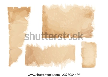 Set parchment paper, torn pieces, old sheets in cartoon style, textured empty notes isolated on white background. Game ui elements
