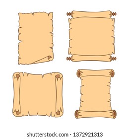 Set of parchment scroll icons. Cartoon style. Vector illustration.