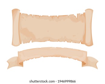 Set parchment, scroll papyrus, antique paper blank in cartoon style isolated on white background. Fairy, fantasy element, ui assets. Textured, detailed empty manuscript.