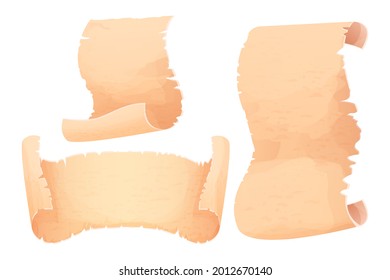 Set parchment, scroll papyrus, antique paper blank in cartoon style isolated on white background. Fairy, fantasy element, ui assets. Textured, detailed empty manuscript.
