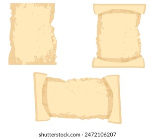 Set pergamino, papiro de pergamino, papel antiguo en blanco en estilo de dibujos animados aislado sobre fondo blanco. Hada, elemento de fantasía, bienes de ui. Manuscrito vacío, detallado y con textura.