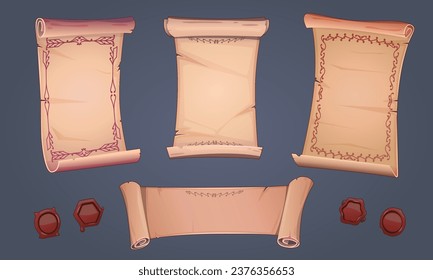 Juego de pergaminos. Deslizamientos antiguos, conjunto de sellos de cera. Plantilla de pergamino, papel desgastado, pergamino, papiro. Marco decorativo, patrón, adorno antiguo. Caricatura fantástica. Conjunto vectorial aislado.