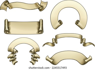 Eine Reihe von Perchment-Rollen oder Papier-Bandbannern und -Flaggen in einem Retro-Retro-Holzschnitt-Stil