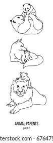 Set of parent and kid animals, vector coloring page, lion, fox, panda bear