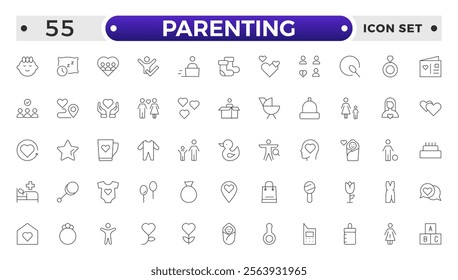 Set of Parenting outline icon related to family, parents, mother, father, son, daughter, children, baby, grandparents, grandfather, grandmother.Loving Family Relationships outline modern icon set.
