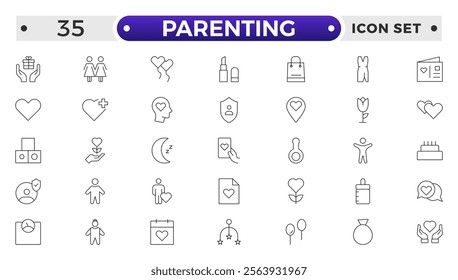 Set of Parenting outline icon related to family, parents, mother, father, son, daughter, children, baby, grandparents, grandfather, grandmother.Loving Family Relationships outline modern icon set.
