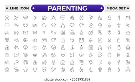 Set of Parenting outline icon related to family, parents, mother, father, son, daughter, children, baby, grandparents, grandfather, grandmother.Loving Family Relationships outline modern icon set.
