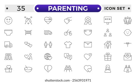 Set of Parenting outline icon related to family, parents, mother, father, son, daughter, children, baby, grandparents, grandfather, grandmother.Loving Family Relationships outline modern icon set.
