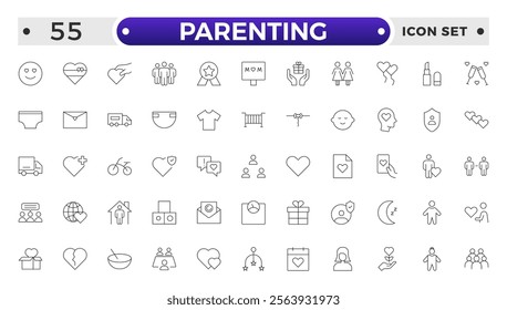 Set of Parenting outline icon related to family, parents, mother, father, son, daughter, children, baby, grandparents, grandfather, grandmother.Loving Family Relationships outline modern icon set.
