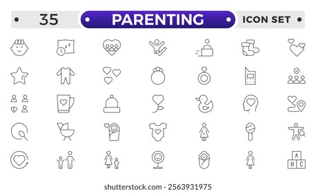 Set of Parenting outline icon related to family, parents, mother, father, son, daughter, children, baby, grandparents, grandfather, grandmother.Loving Family Relationships outline modern icon set.
