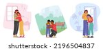 Set Parenting, Parents Support and Loving Relation. Mother or Father Hugging Crying Children, Speak and Share Problems. Mom and Dad Characters Talking with Kids. Cartoon People Vector Illustration