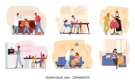 Set Parents Care of Children, Mother or Father Characters Invite Doctor, Feeding, Cutting Hair in Salon, Cooking Food, Comforting Little Son or Daughter, Parenthood. Cartoon People Vector Illustration