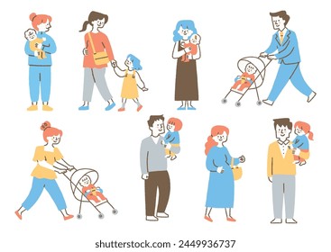 Set of parents and children going about their daily lives_Color