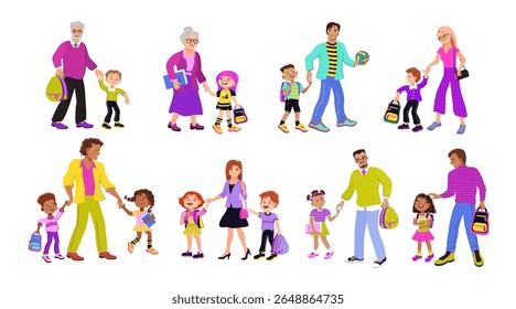 Set of parents and children. Happy family walking together holding hands. Parents accompanying their kids to school or kindergarten. Flat vector illustration of mom, dad and schoolchildren.