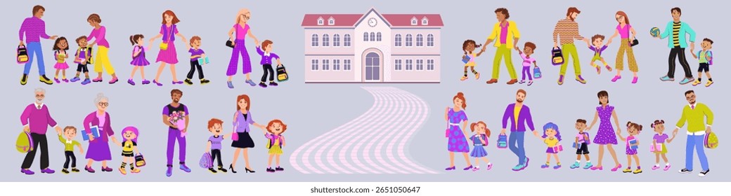 Set of parents and children. Happy family walking together holding hands. Parents accompanying their kids to school or kindergarten. Flat vector illustration of mom, dad and schoolchildren.