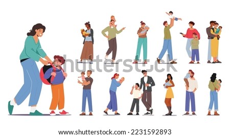 Set Parents and Children. Mothers and Fathers Family Characters Spend Time with Kids. Playing, Walking, Care and Communicate. Mom with Student Boy, Dad with Baby. Cartoon People Vector Illustration