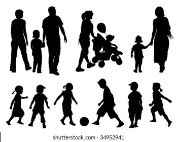 A set of parents and children silhouettes. Vector illustration.