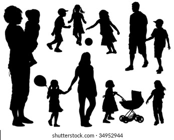 A set of parents and children silhouettes. Vector illustration.