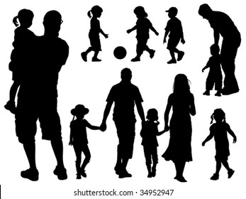 A set of parents and children silhouettes. Vector illustration.