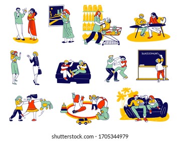 Set of Parents and Children Spend Time on Quarantine Self Isolation at Home. Mother, Father and Little Kids Characters Homeschooling, Shopping, Baby Crying and Fight. Linear People Vector Illustration
