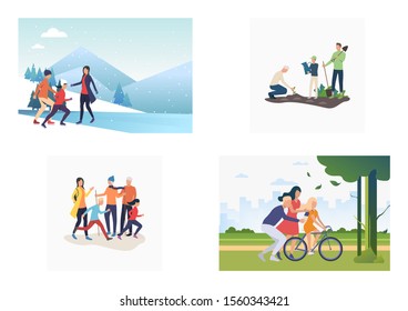 Set of parents and children spending time together outdoors. Flat vector illustrations of families spending weekends. Relations concept for banner, website design, landing web page