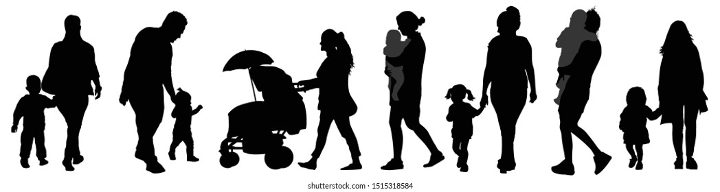 Set of parents with childrens silhouettes on white background, vector illustration