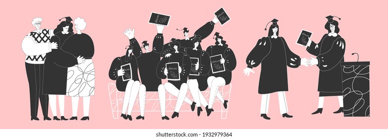 Set Parents congratulates child with Graduation. Teacher gives diploma. Students with diplomas. Cap, love, mama, father, embrace, diploma, school, university, happy. Vector illustration. Poster, card.