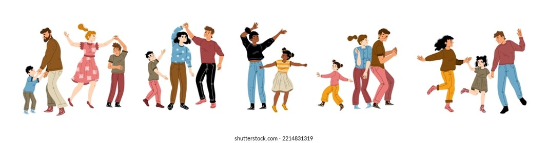 Set of parents dancing with children. Flat vector illustration of families having fun together. Mothers and fathers enjoying music, jumping with kids, celebrating holiday, weekend entertainment