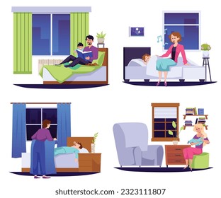 Set of parents and falling asleep children, bedtime flat style, vector illustration isolated on white background. Decorative design elements collection, reading book, singing lullabies