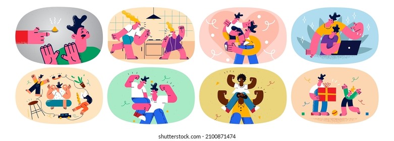 Set of parents have fun spend time with small children at home lockdown or quarantine. Collection of father and mother relax with little kids. Upbringing and parenthood concept. Vector illustration. 