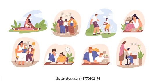 Set of parents helping children do homework. Learning, studying process at home. Family read books, play football, write schoolwork in flat cartoon vector illustration isolated on white