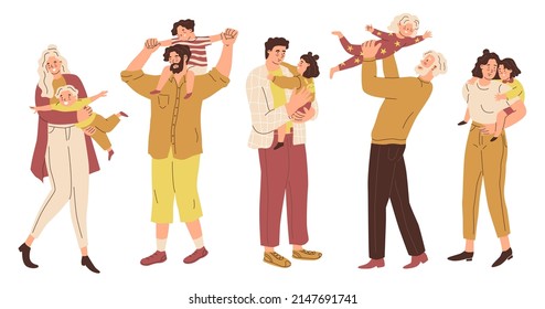 Set Parents hug their children. Mothers and fathers are playing with kids. Global day of parents. The upbringing and care of children. Holiday in kindergarten. Flat style in vector illustration.