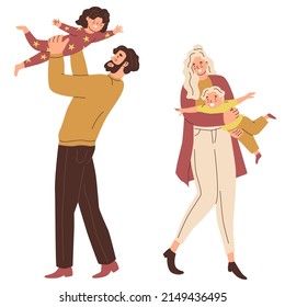 Set Parents hug their children. Mothers and fathers are playing with kids. Happy family. The upbringing and care of children. Flat style in vector illustration. Isolated persons. 