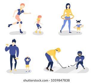 Set of parents and kids doing sport activities together - roller skating, twirling hula hoop, weightlifting, playing hockey, flat style vector illustration isolated on white background. Family sport