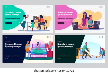 Set of parents and kids practicing activities together. Video chat, yoga training, sport game. Flat vector illustrations. Leisure, family concept for banner, website design or landing web page