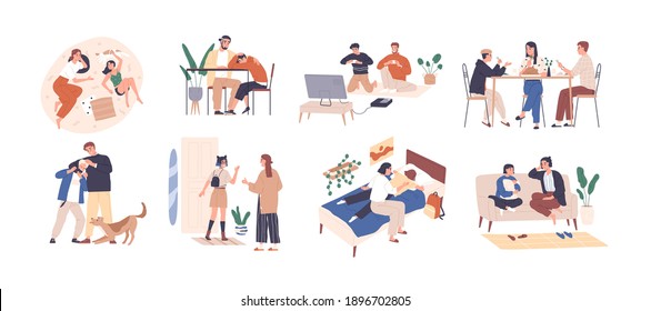 Set of parents and kids spending happy time together playing, talking and supporting children. Collection of family members in good relations. Flat vector illustration isolated on white background