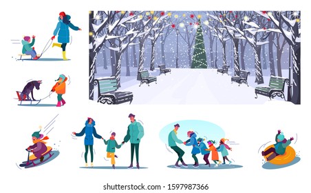 Set of parents resting with kids during Christmas holidays. Flat vector illustrations of families riding sledge and having fun. Winter holidays concept for banner, website design or landing web page