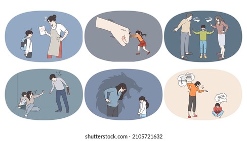 Set of parents show domestic violence towards small children. Bundle of father or mother lecture scold kids. Abusive violent behavior concept. Parenthood problem. Flat vector illustration. 