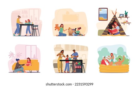 Establecer que los padres pasen tiempo con los hijos. Madres y Padres Personajes Familiares y Niños Jugando, Cocinando, Leyendo, Divirtiéndose y Comunicándose. Mamá y papá con niños. Ilustración de vectores de personas de caricatura