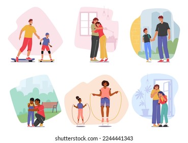 Set Parents Spend Time with Children Isolated on White Background. Father and Mother Character Support Daughter or Son, Walk, Exercising Together. Cartoon People Vector Illustration