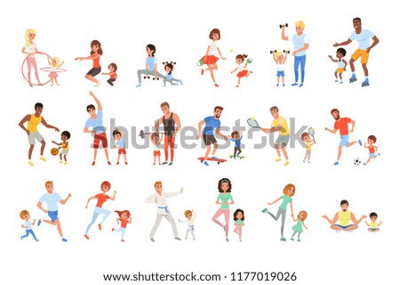 Set with parents and their children doing different sport exercises. Family time. Physical activity and healthy lifestyle concept. Colorful flat vector design