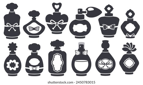 Set of parfume bottles isolated. Aroma essence in different glass packages. Perfume silhouette. Elegant shape, label, ribbon. Hand drawn design for logo, cosmetic industry. Vector