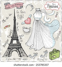 Set of Paris Eiffel tower,lettering,dress,fashion elements.Hand drawn doodle sketchy.French words good travel,Speak French,hello,Eiffel tower.Vintage cute Vector 