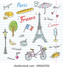 Set of Paris french symbols,landmarks on notebook sheet.Eiffel Tower,perfume and fashion,croissant,coffee and flag.used the words: France,Paris,love you,thank you, hello,croissant,perfume,travel